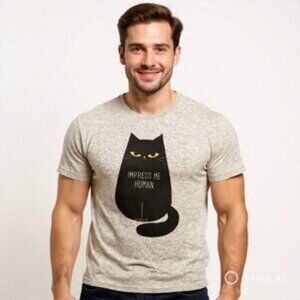 Fruit of the Loom Cotton Gray Novelty T-Shirt Unisex Medium Black Cat Impress Me